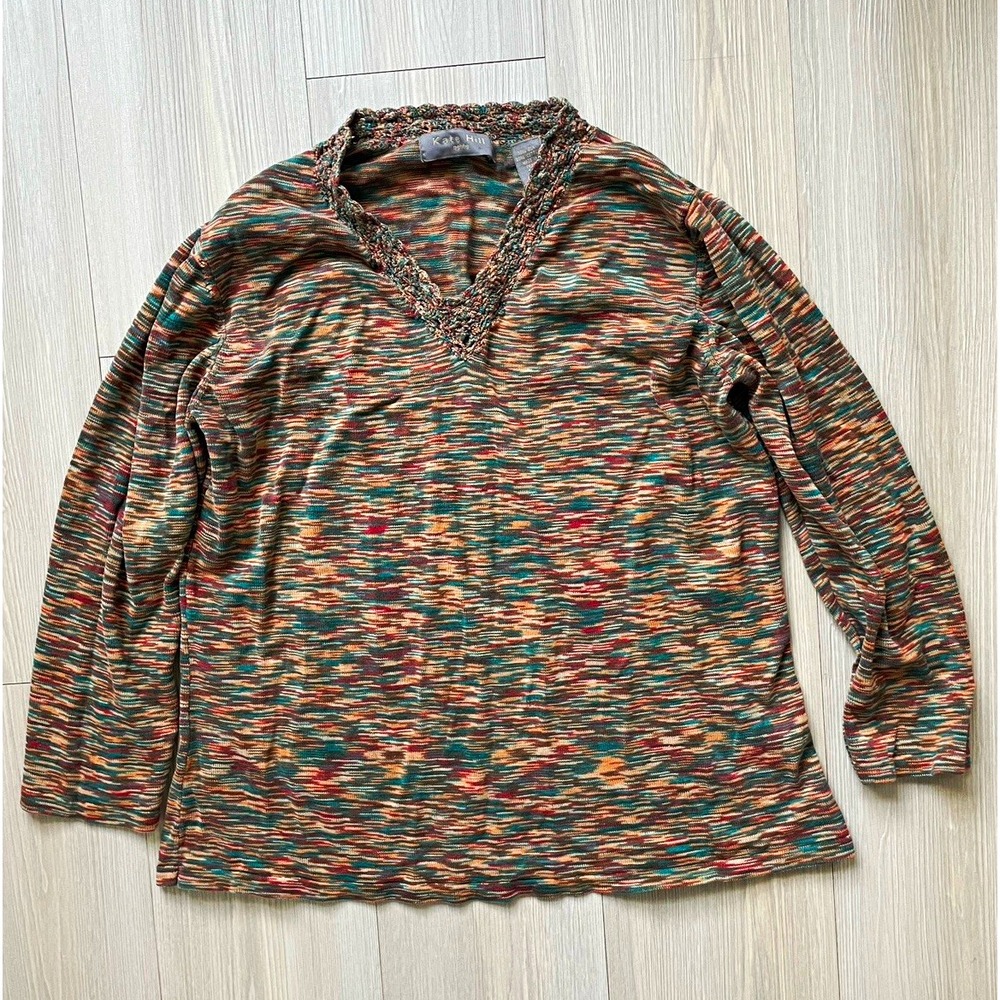 Kate Hill Women's Multicolor Marled Knit V-Neck Crochet Silk Blend Sweater Sz PL